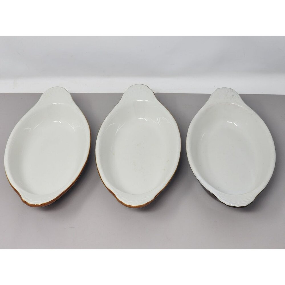 Set Of 3 Hall Model 527 Oven-Proof Brown‎ & White Oval Casserole Dishes